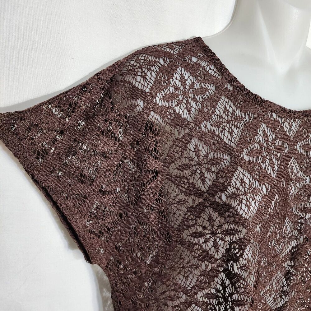 Chico's Womens Top Size 2 Large Brown Crochet Short Cap Sleeve Fringe Trim Sheer - Picture 5 of 11